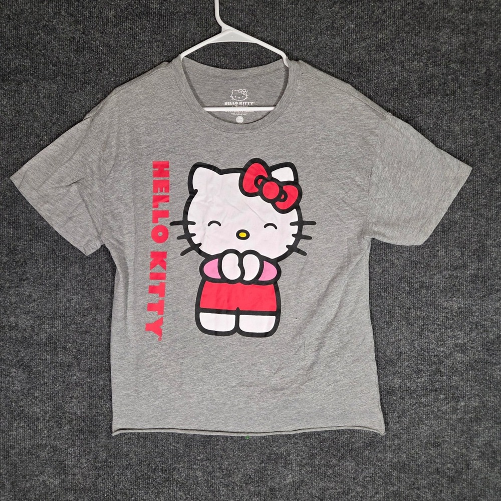 Hello Kitty Sanrio Graphic T-Shirt Womens XL Gray Raw Hem Cropped Hybrid Apparel